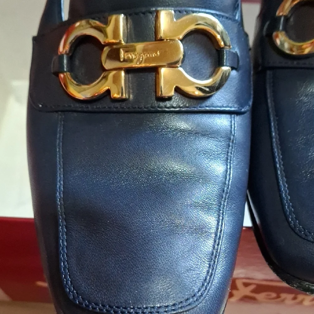 Salvatore Ferragamo Navy Leather Loafers with Gold Accent